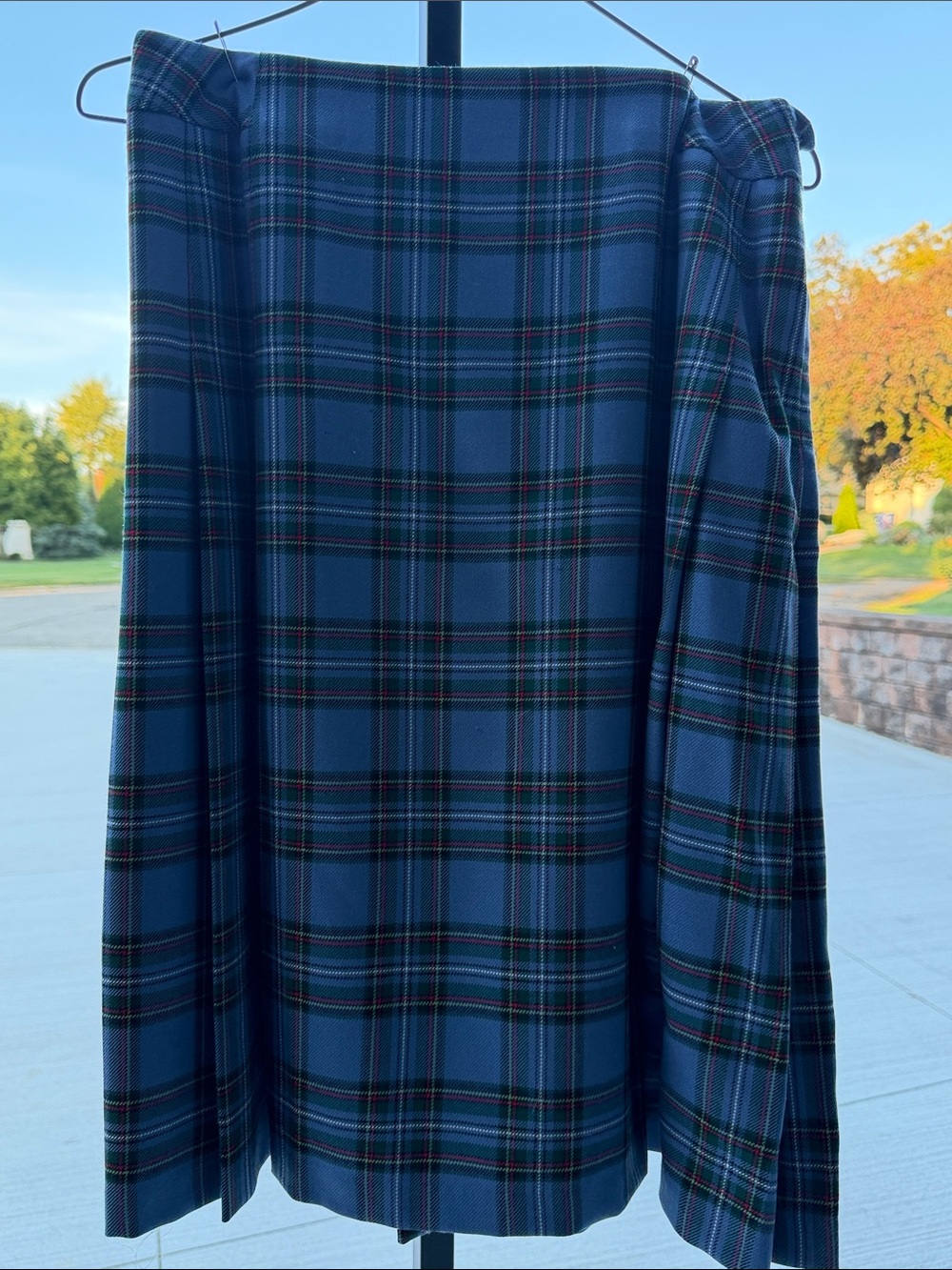 Pendleton Blue Plaid Midi Wrap Skirt with Green and Red Trim